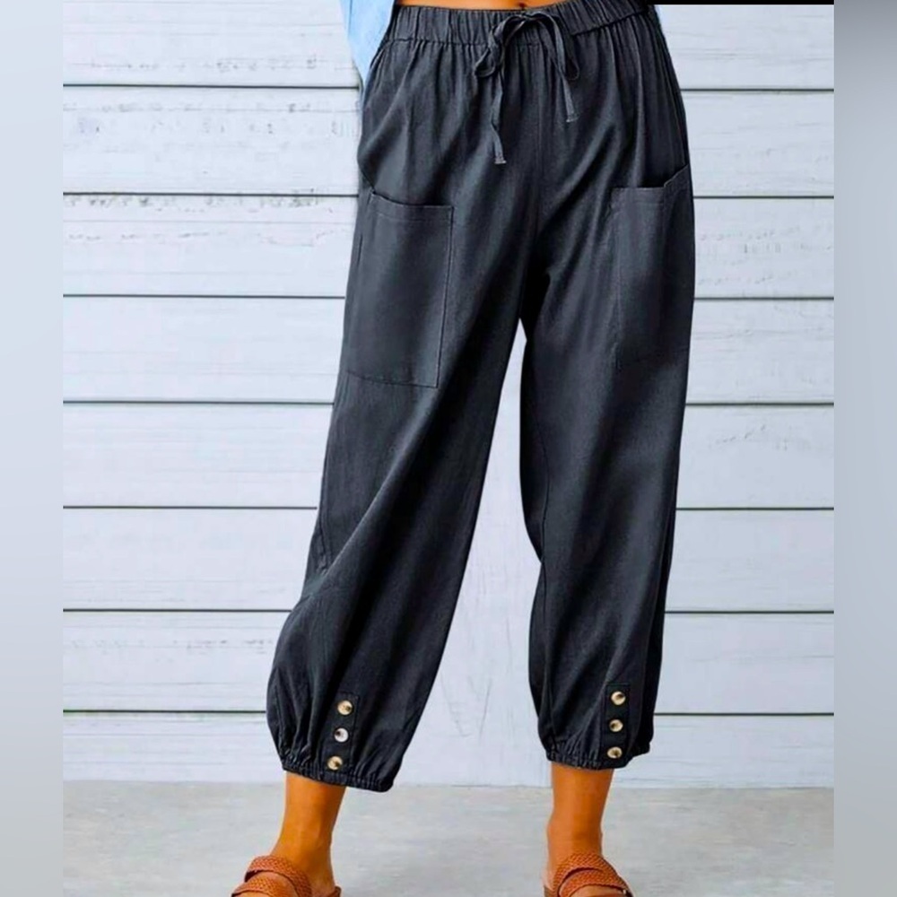 Tie Waist Button Hem Pants